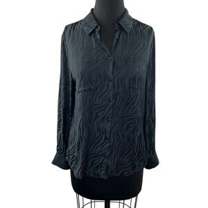 David Lerner EVEREVE Black S Top Zebra Print Button Up Collared Long Sleeve Fit